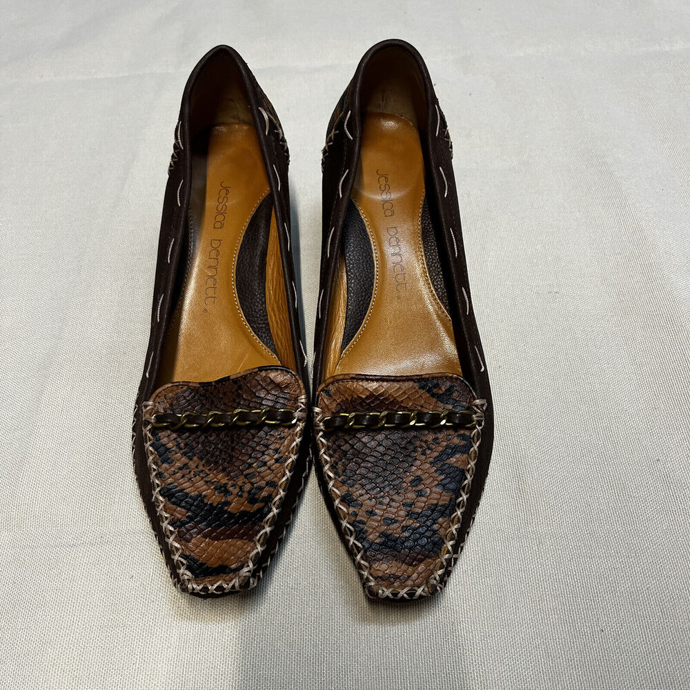 JESSICA BENNETT BROWN Leather WOMEN WEDGES SHOES 8.5 vintage look Leopard Print